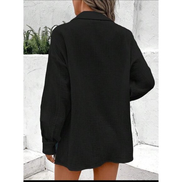 100% cotton button down shirt boho textured blouse olive green - Picture 5 of 7